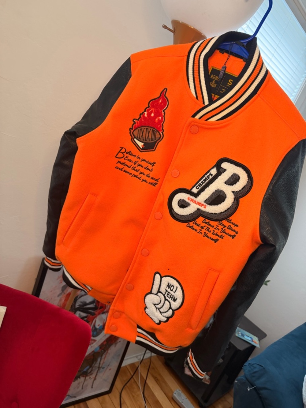 Men's Orange & Black Letterman Varsity Bomber Jacket